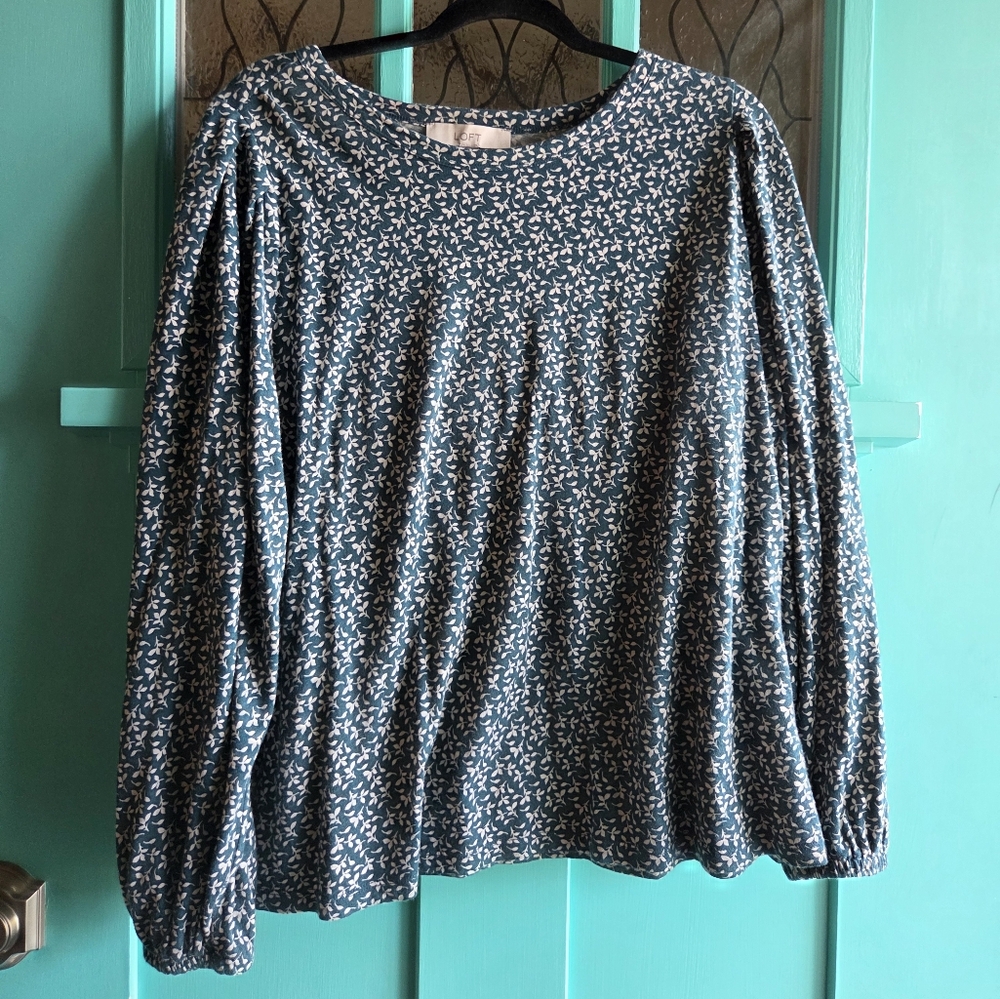LOFT Green and Cream Long Sleeve Blouse